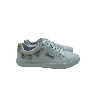 Guess White Fashion Low Top Lace Up Sneakers Shoes Gold Chain Women's Size 8.5